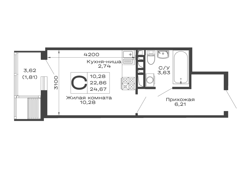 Планировка студии квартиры 24.67 м² в ЖК Долина, г. Майкоп — фото 1