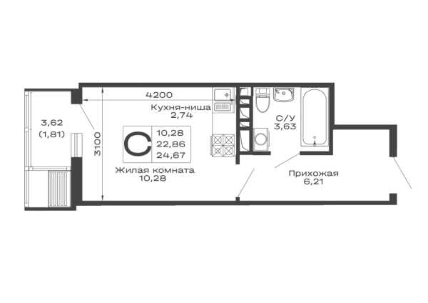 Планировка Студия в ЖК Долина