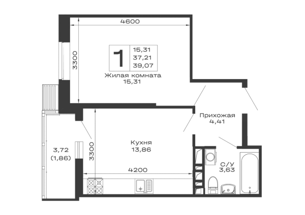 Планировка 1 комн. в ЖК Долина