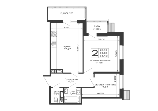 Планировка 2 комн. в ЖК Долина