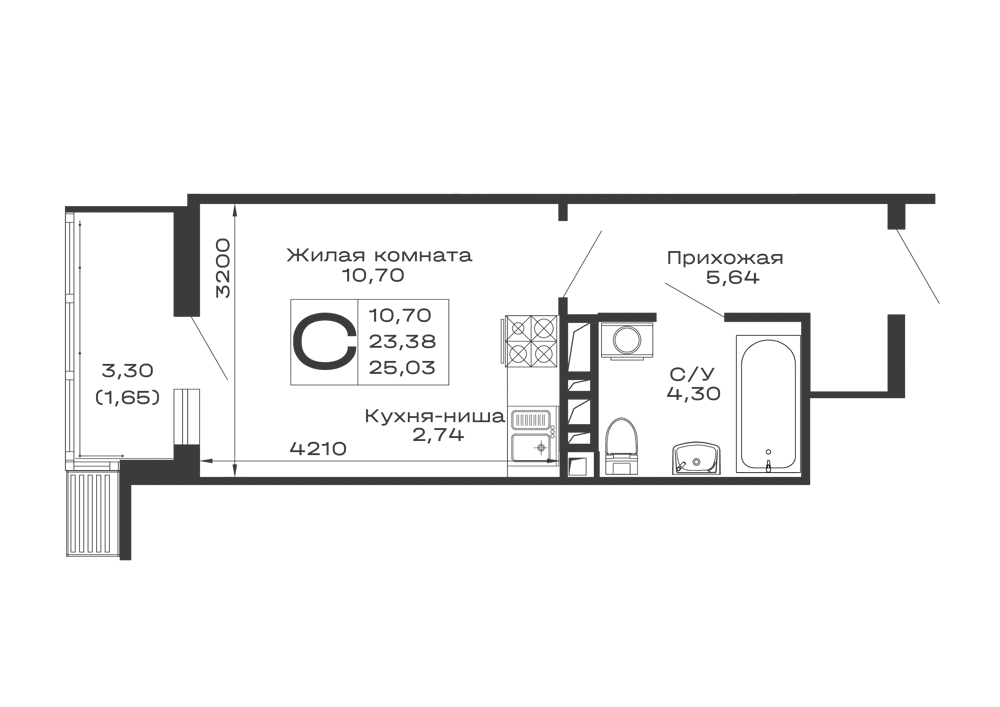 Планировка студии квартиры 25.03 м² в ЖК Долина, г. Майкоп — фото 1