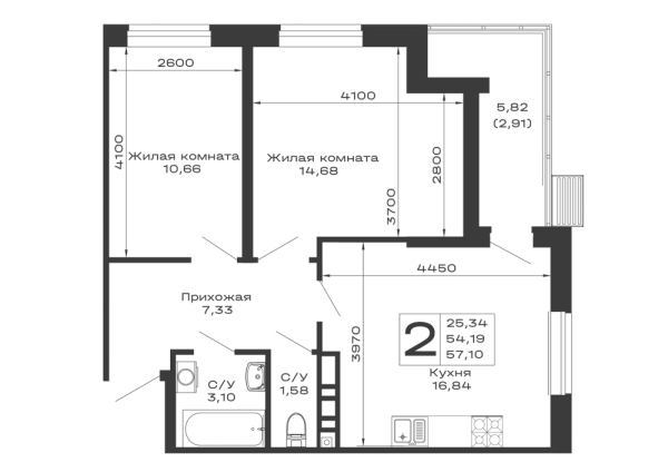 Планировка 2 комн. в ЖК Долина