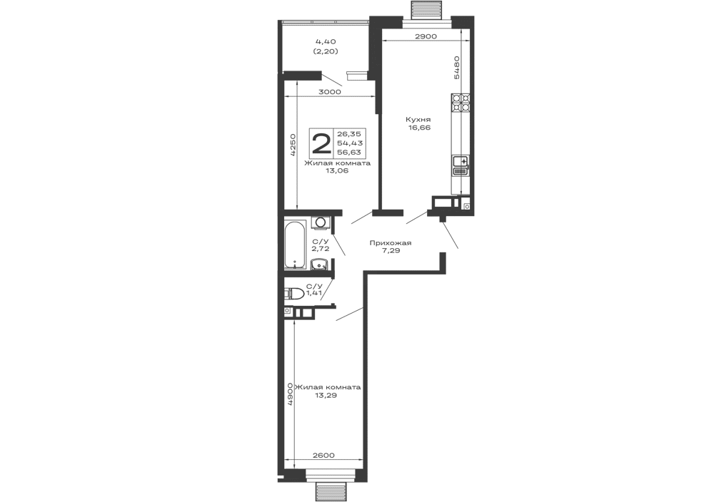 Планировка 2-комнатной квартиры 56.63 м² в ЖК Долина, г. Майкоп — фото 1