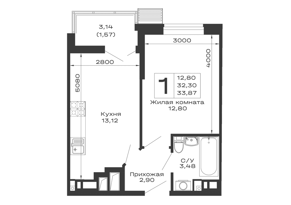 Планировка 1-комнатной квартиры 33.87 м² в ЖК Долина, г. Майкоп — фото 1