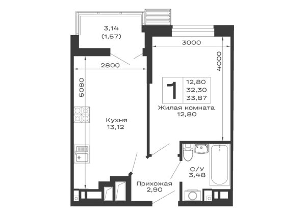 Планировка 1 комн. в ЖК Долина