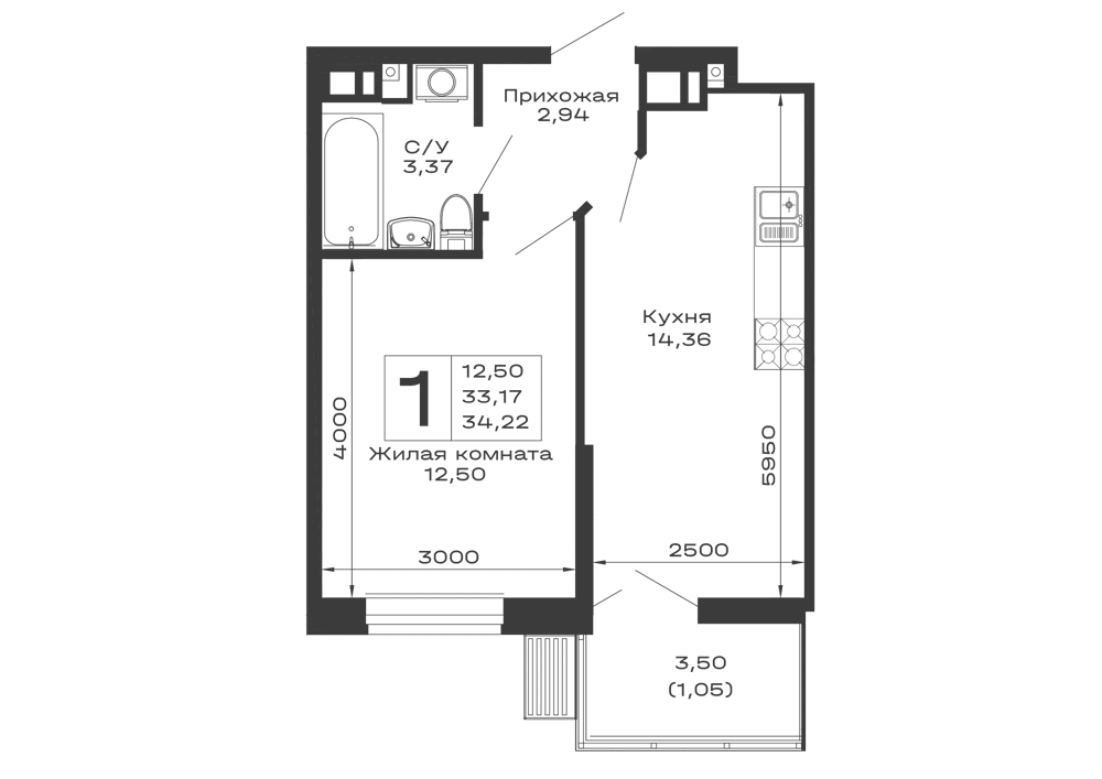 Планировка 1-комнатной квартиры 34.22 м² в ЖК Долина, г. Майкоп — фото 1