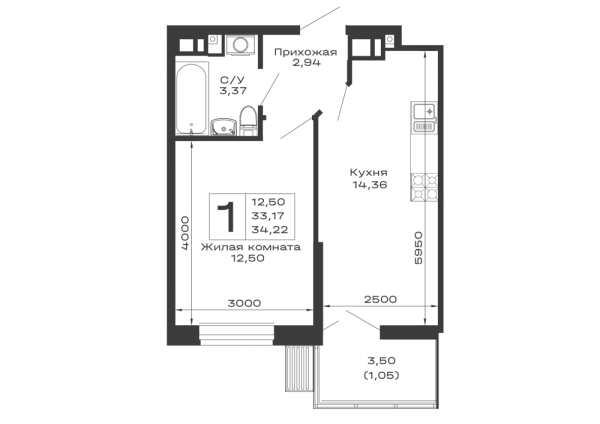 Планировка 1 комн. в ЖК Долина