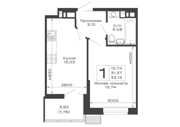 Планировка 1 комн. в ЖК Долина