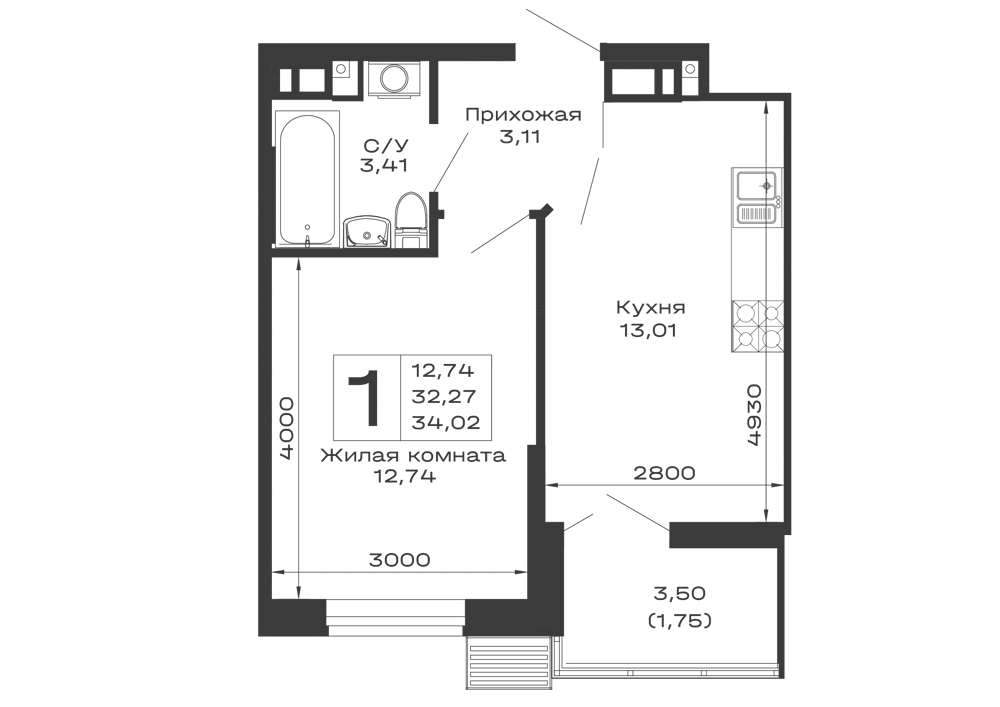 Планировка 1-комнатной квартиры 34.02 м² в ЖК Долина, г. Майкоп — фото 1