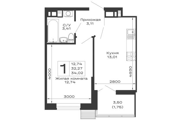 Планировка 1 комн. в ЖК Долина