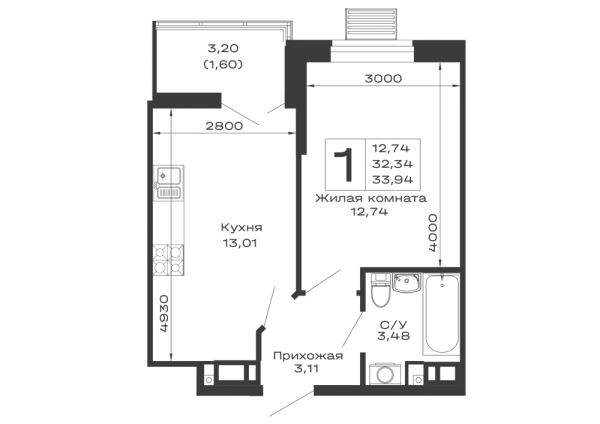 Планировка 1 комн. в ЖК Долина