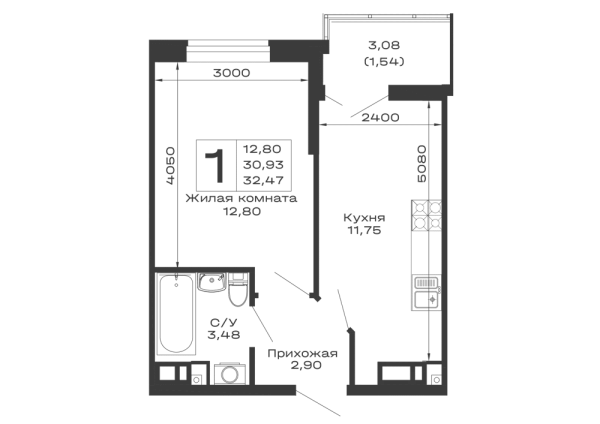 Планировка 1 комн. в ЖК Долина