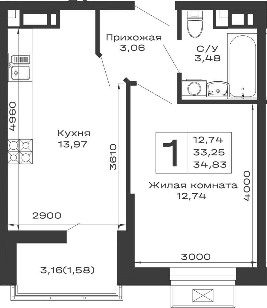 Планировка 1-комнатной квартиры 34.83 м² в ЖК Долина, г. Майкоп — фото 1