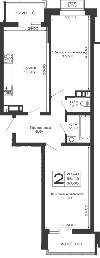 Планировка 2-комнатной квартиры 60.05 м² в ЖК Долина, г. Майкоп — фото 1