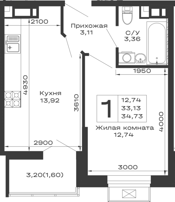 Планировка 1 комн. в ЖК Долина