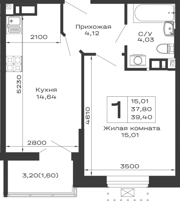 Планировка 1 комн. в ЖК Долина