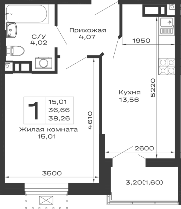 Планировка 1 комн. в ЖК Долина