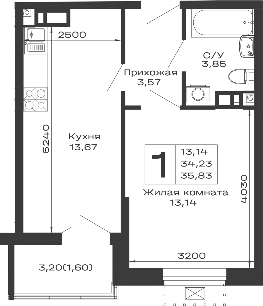 Планировка 1-комнатной квартиры 35.83 м² в ЖК Долина, г. Майкоп — фото 1