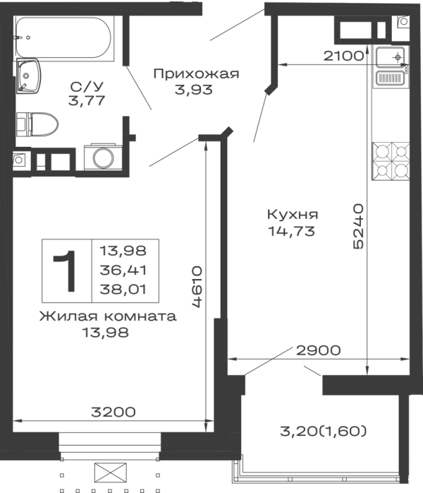 Планировка 1 комн. в ЖК Долина