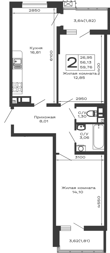 Планировка 2-комнатной квартиры 59.76 м² в ЖК Долина, г. Майкоп — фото 1