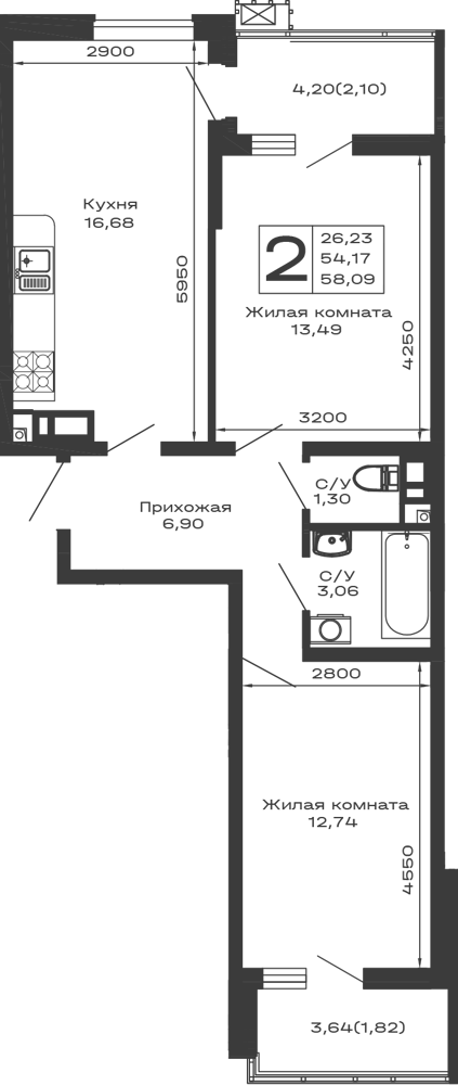 Планировка 2-комнатной квартиры 58.09 м² в ЖК Долина, г. Майкоп — фото 1
