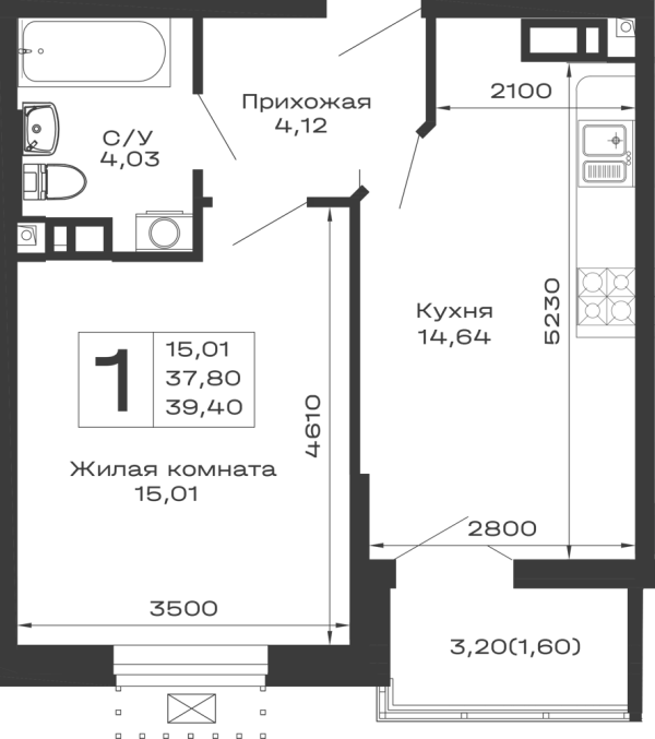 Планировка 1 комн. в ЖК Долина