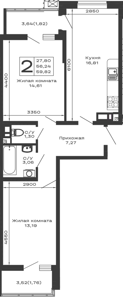 Планировка 2-комнатной квартиры 59.82 м² в ЖК Долина, г. Майкоп — фото 1