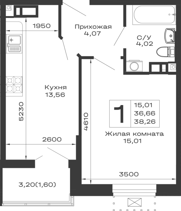 Планировка 1 комн. в ЖК Долина
