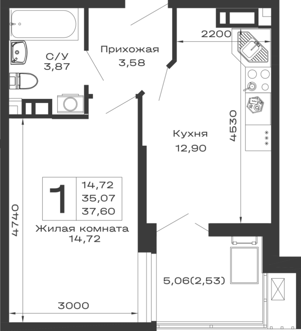 Планировка 1 комн. в ЖК Долина
