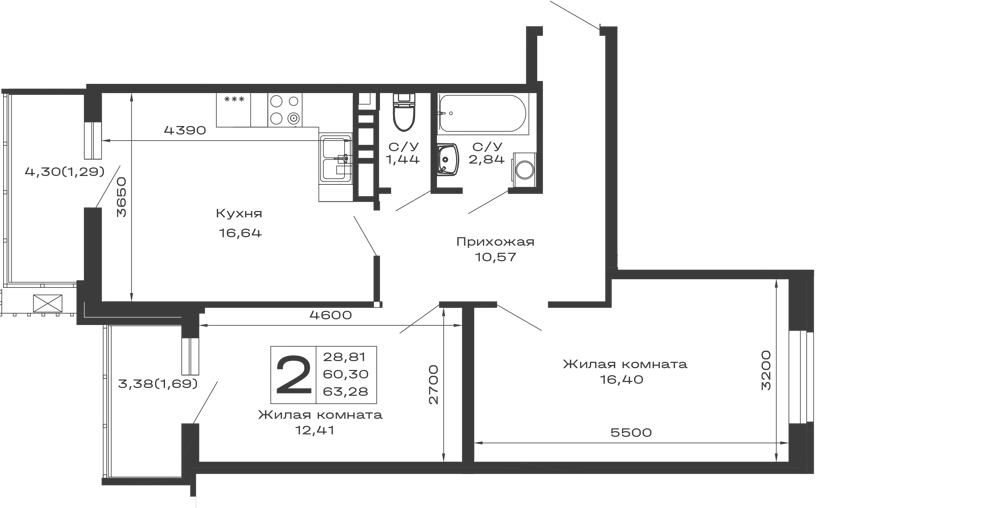 Планировка 2-комнатной квартиры 63.28 м² в ЖК Долина, г. Майкоп — фото 1