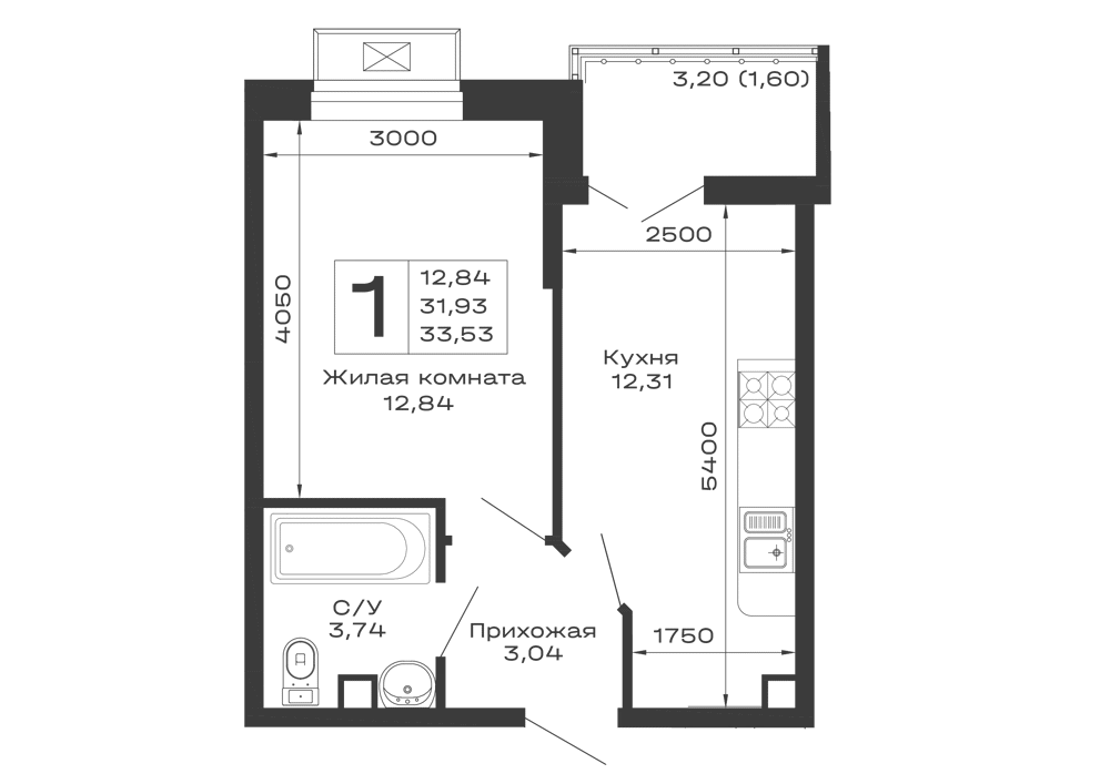 Планировка 1-комнатной квартиры 33.53 м² в ЖК Долина, г. Майкоп — фото 1