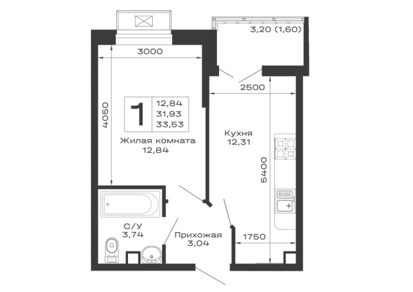 Планировка 1 комн. в ЖК Долина