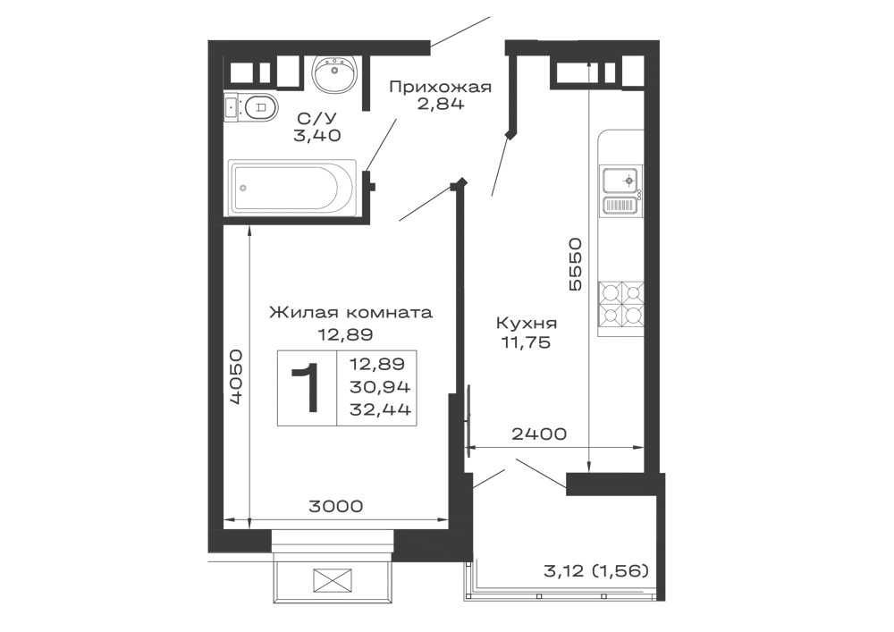 Планировка 1-комнатной квартиры 32.44 м² в ЖК Долина, г. Майкоп — фото 1