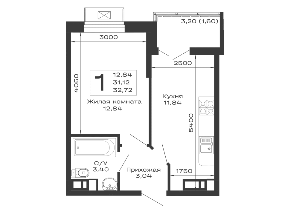 Планировка 1-комнатной квартиры 32.72 м² в ЖК Долина, г. Майкоп — фото 1
