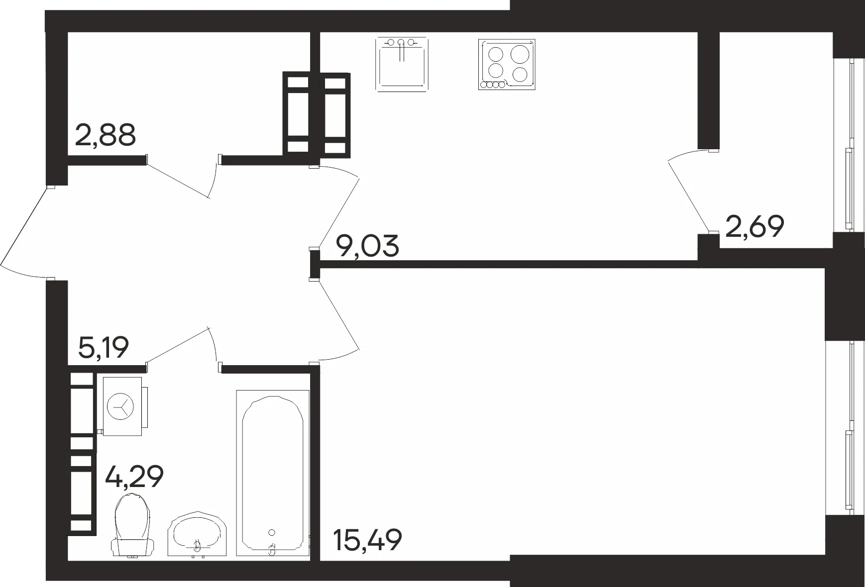 Планировка 1-комнатной квартиры 39.57 м² в ЖК Северное Сияние, г. Мурманск — фото 1
