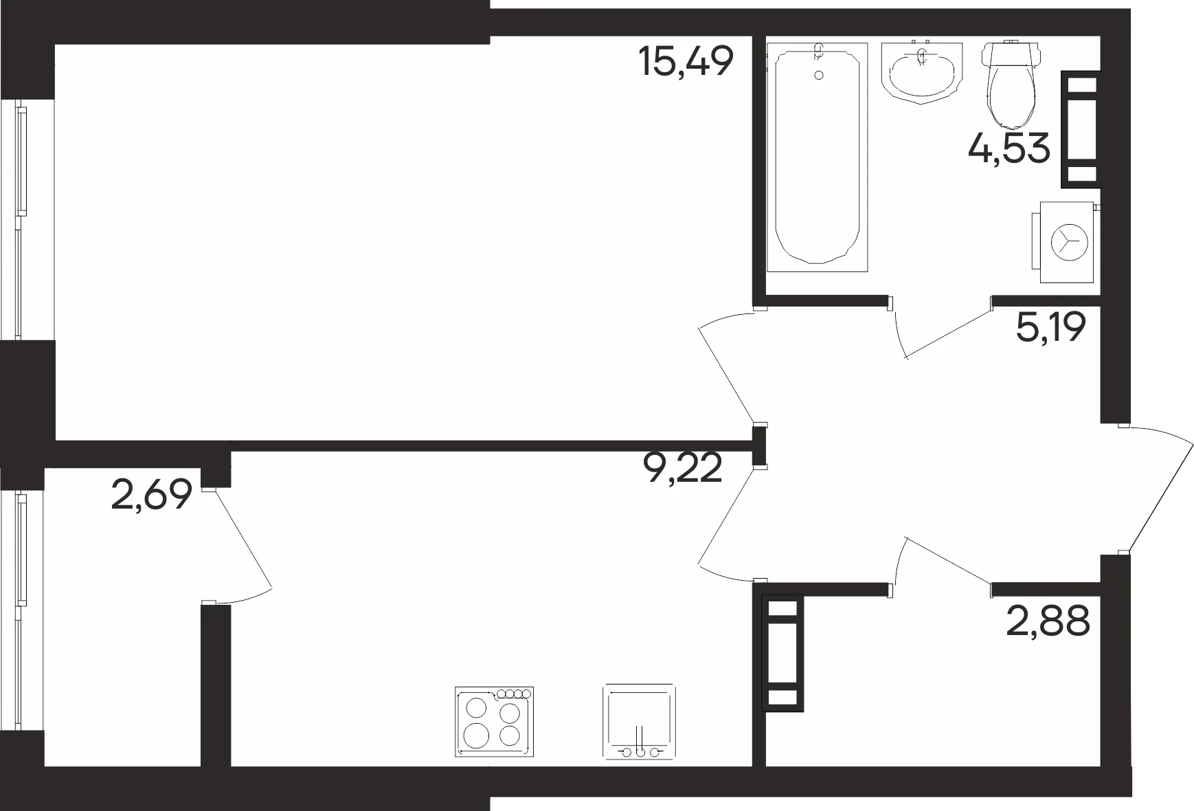 Планировка 1-комнатной квартиры 40 м² в ЖК Северное Сияние, г. Мурманск — фото 1