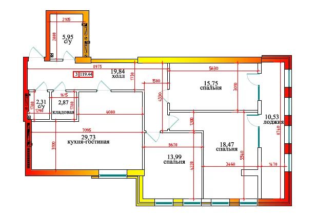 Планировка 3-комнатной квартиры 119.44 м² в ЖК Дом по ул Калинина, г. Владикавказ — фото 1