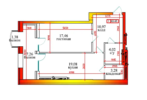 Планировка 1-комнатной квартиры 63.45 м² в ЖК Дом по ул Калинина, г. Владикавказ — фото 1