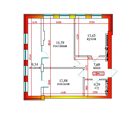 Планировка 2-комнатной квартиры 64.11 м² в ЖК Дом по ул Калинина, г. Владикавказ — фото 1