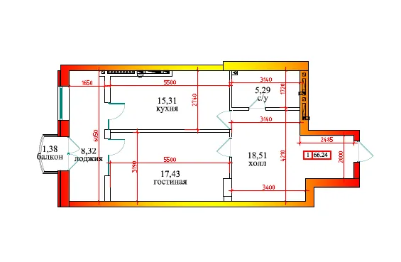 Планировка 1-комнатной квартиры 66.24 м² в ЖК Дом по ул Калинина, г. Владикавказ — фото 1