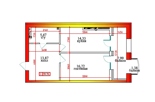 Планировка 1-комнатной квартиры 59.76 м² в ЖК Дом по ул Калинина, г. Владикавказ — фото 1