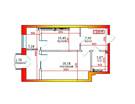 Планировка 1-комнатной квартиры 48.99 м² в ЖК Дом по ул Калинина, г. Владикавказ — фото 1
