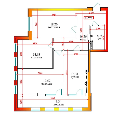 Планировка 3-комнатной квартиры 100.07 м² в ЖК Дом по ул Калинина, г. Владикавказ — фото 1