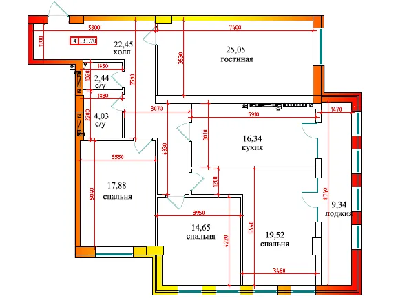 Планировка 4-комнатной квартиры 131.7 м² в ЖК Дом по ул Калинина, г. Владикавказ — фото 1