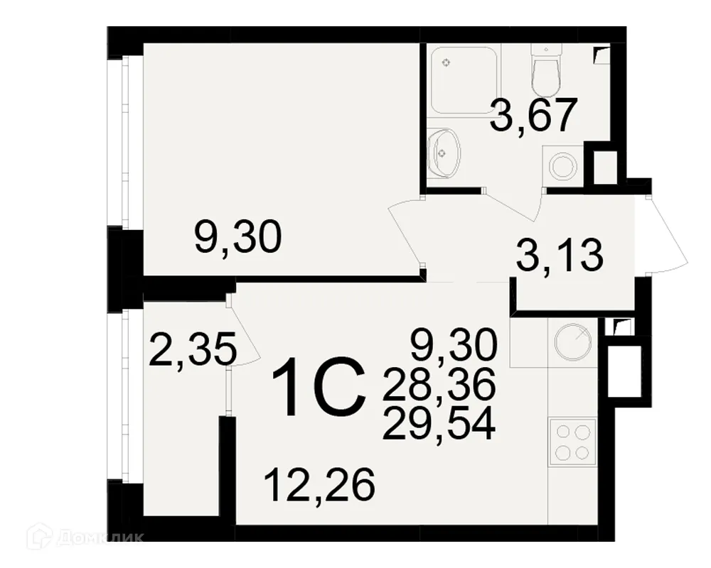 Планировка 1-комнатной квартиры 29.54 м² в ЖК Аура, г. Рязань — фото 1