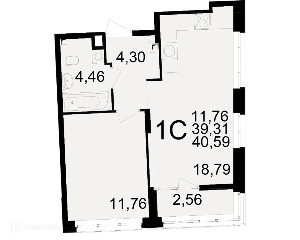 Планировка 1-комнатной квартиры 40.59 м² в ЖК Аура, г. Рязань — фото 1