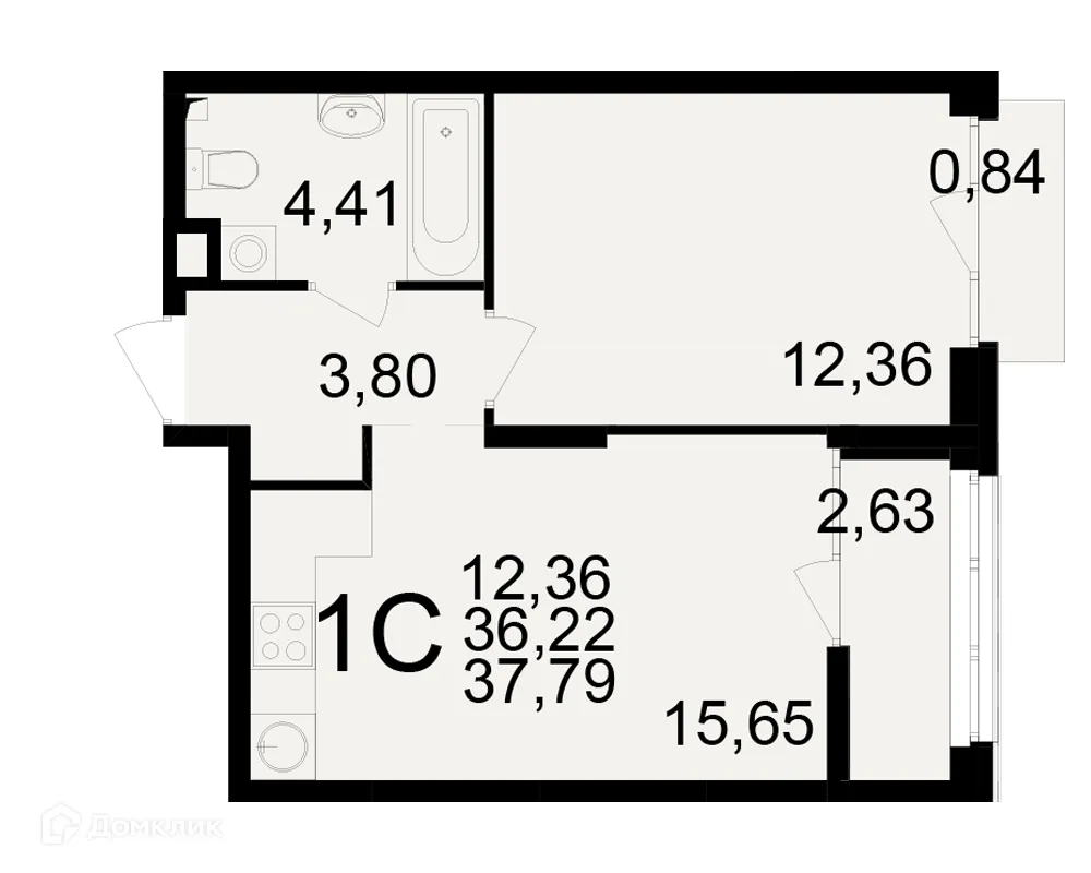 Планировка 1-комнатной квартиры 37.79 м² в ЖК Аура, г. Рязань — фото 1