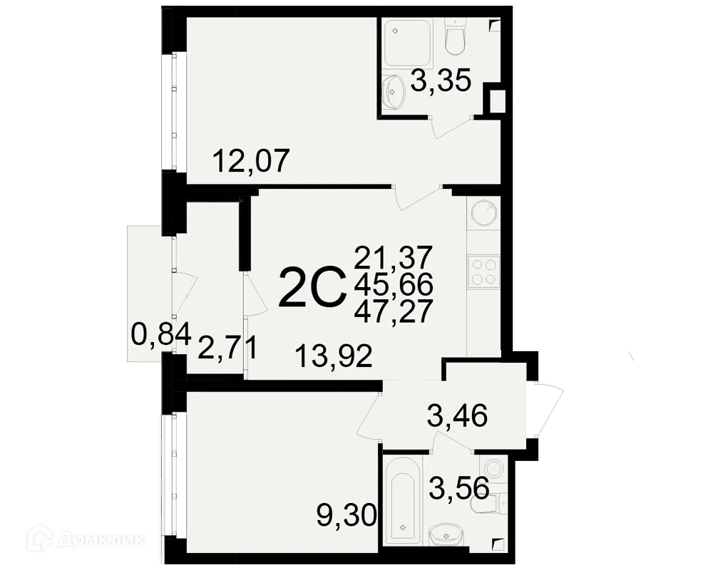 Планировка 2-комнатной квартиры 47.27 м² в ЖК Аура, г. Рязань — фото 1