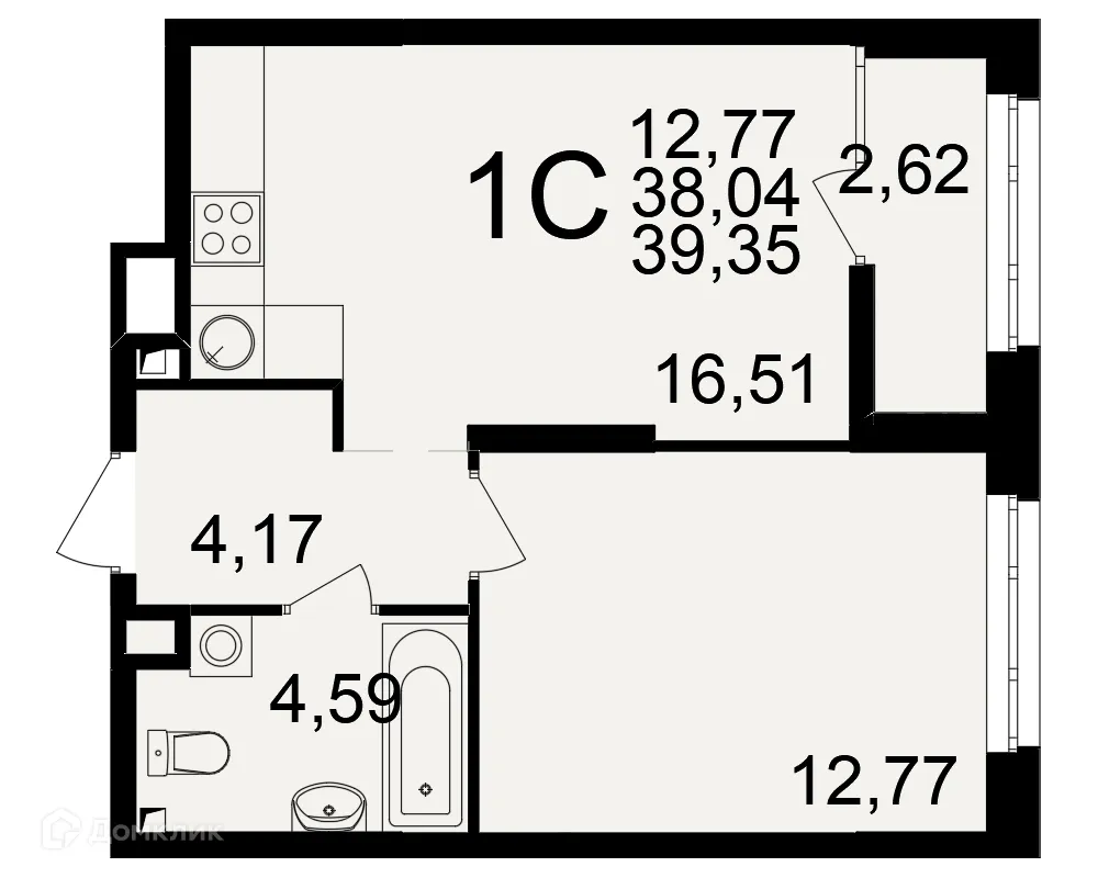Планировка 1-комнатной квартиры 39.35 м² в ЖК Аура, г. Рязань — фото 1