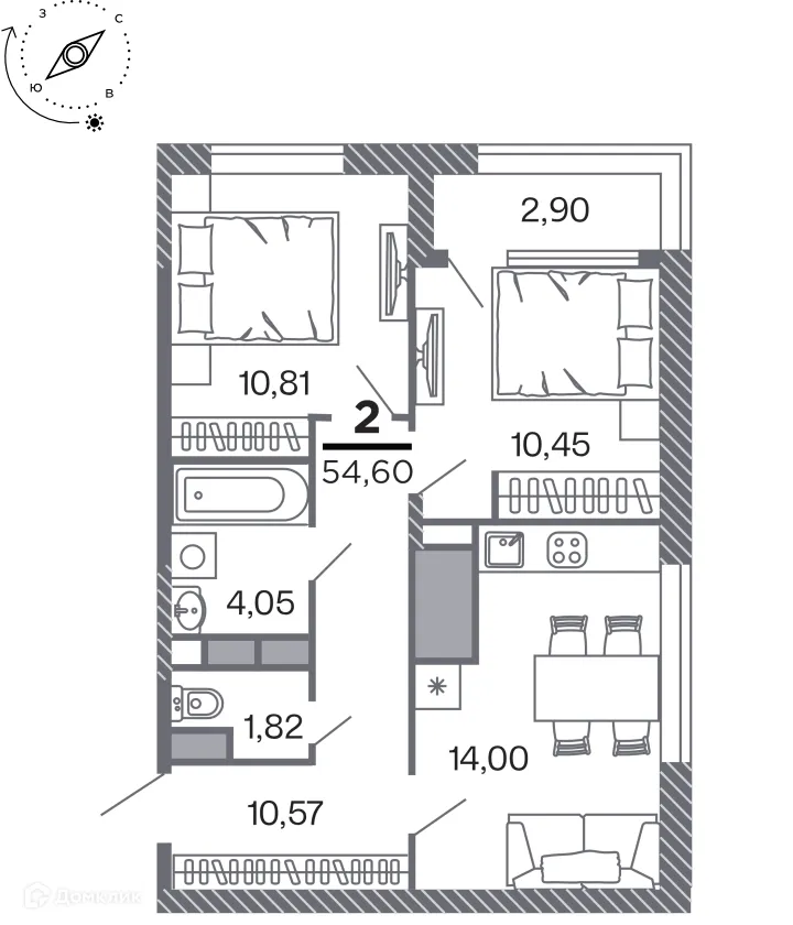 Планировка 2-комнатной квартиры 54.6 м² в Кипарис (Дом на Быстрецкой), г. Рязань — фото 1